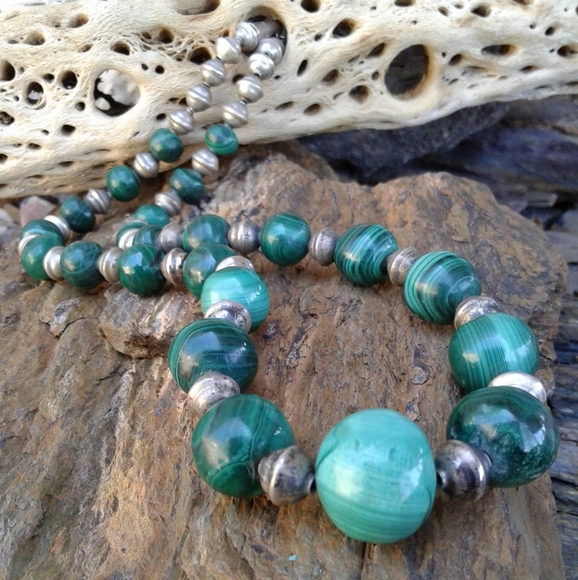 Sterling Silver Vintage Malachite beaded NECKLACE